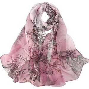 Women's Grass Pink Fashion Lightweight Head Scarf Floral Print Chiffon Scarves